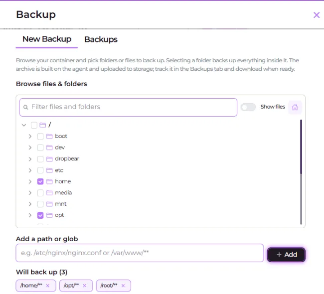 Screenshot of the New Backup tab with the folder tree, the path or glob input, and three Will back up pills