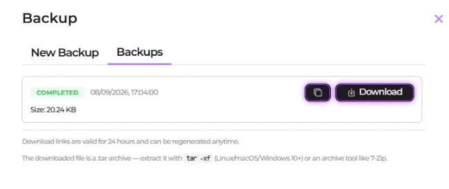 Screenshot of the Backups tab with a Completed row showing its size, the copy link button and Download