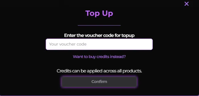 Screenshot of the Top Up dialog on its voucher view, with the voucher code field and the Confirm button