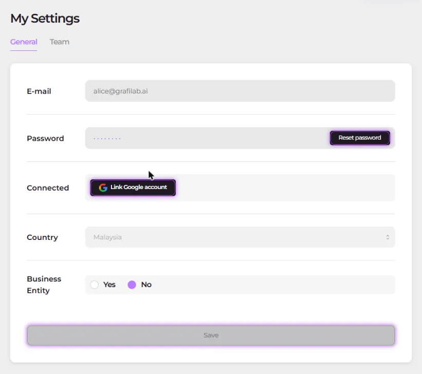 Screenshot of the Settings General tab showing the E-mail, Password, Connected, Country and Business Entity rows