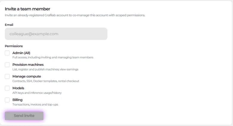 Screenshot of the Invite a team member form with the Email field and the five permission checkboxes