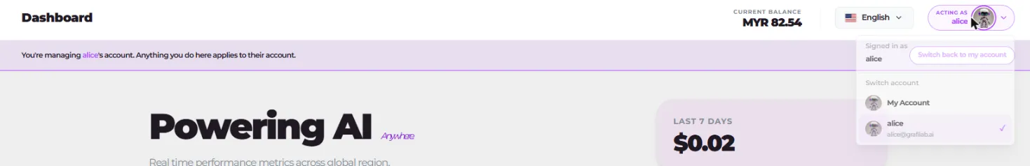 Screenshot of the header account picker open, with the acting-as banner shown below it