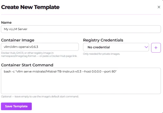 Screenshot of the Create New Template form with the Name, Container Image, Registry Credentials and Container Start Command fields